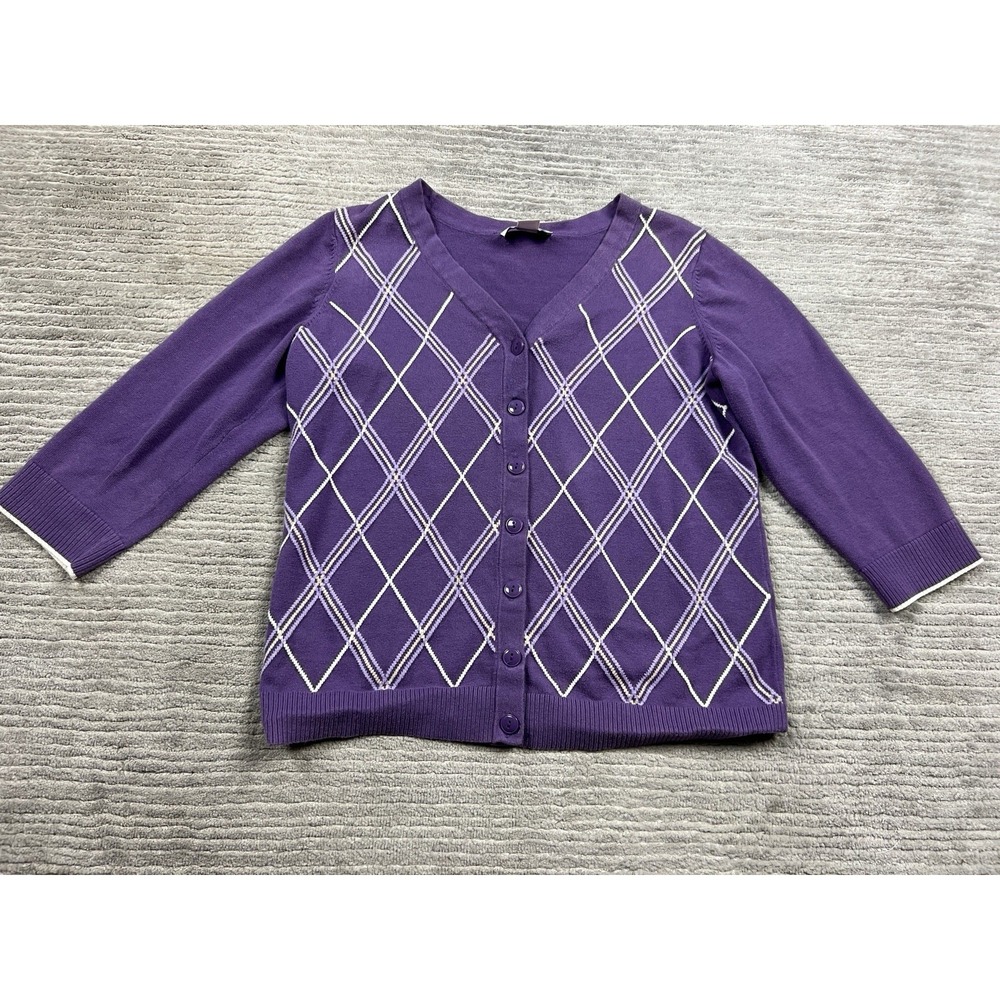 Christopher & Banks Sweater‎ Womens Medium Purple Argyle Cardigan 3/4 Sleeve